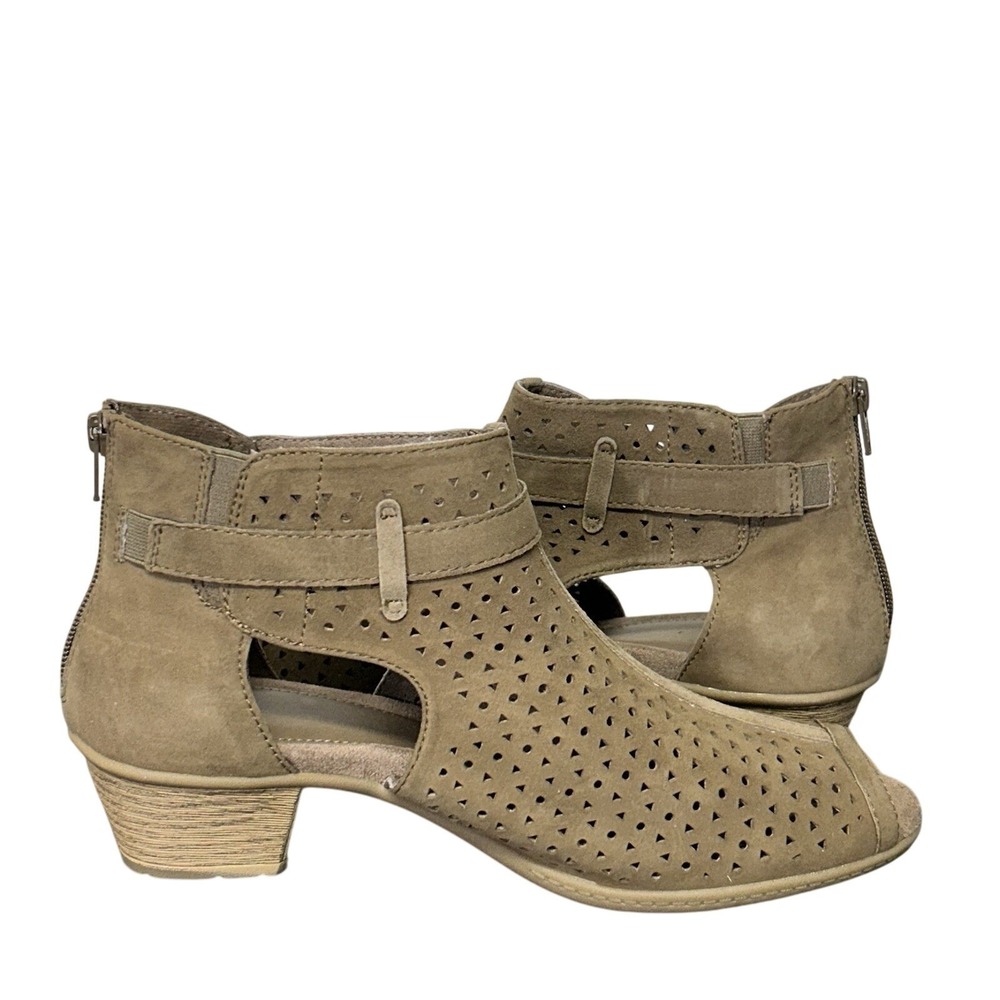 Earth Women's Marietta Serene Dark Khaki Suede Perforated Peep-toe Booties 10 W